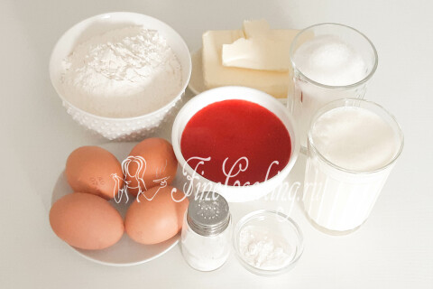 Продукты для бисквита королевы Виктории: мука, сливочное масло, сахар, яйца, клубничный джем и сливки