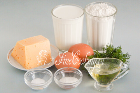 Продукты для сырных блинчиков: молоко, мука, сыр, яйца и укроп