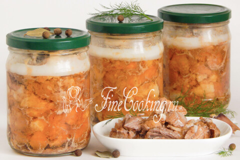 Нежное мясо с прозрачным желе и небольшим количеством жира на тарелке
