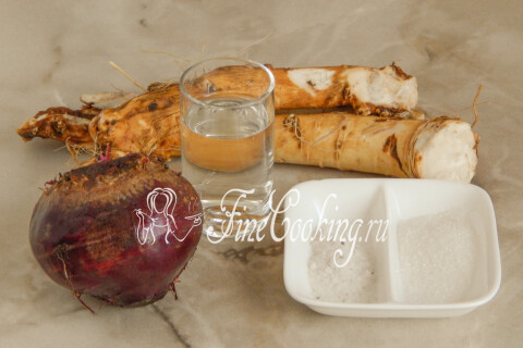 Продукты для хрена со свеклой: корень хрена, свежая свекла, вода, уксус, соль и сахар