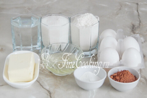 Продукты для кекса Ненасытная монашка: мука, яйца, сахар, какао-порошок, масло и разрыхлитель
