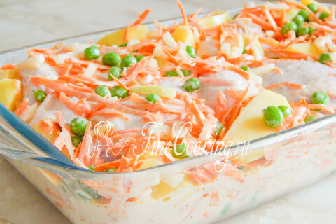 Курица с овощами, разложенная в форме для запекания