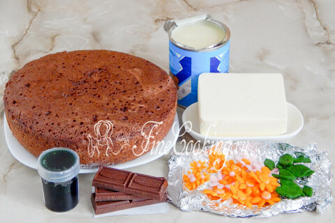 Продукты для торта Овечка: мука, яйца, сахар, какао, сливочное масло, сгущённое молоко, шоколад и краситель