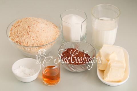 Продукты для пирожного Картошка: сухари, сливочное масло, сахар, молоко, какао и коньяк