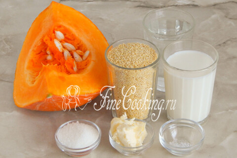 Продукты для пшённой каши с тыквой: тыква, пшено, молоко, сахар, соль и сливочное масло