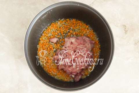Кусочки куриного мяса с обжаренными овощами в чаше мультиварки.