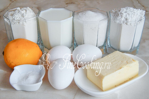 Продукты для рисовых маффинов: два вида муки, яйца, молоко, сахар, масло и лимон