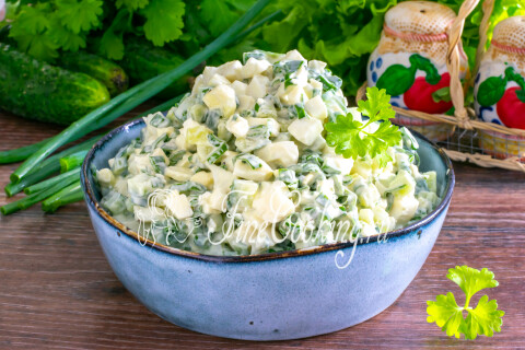 Салат с яйцом, огурцом и зеленым луком, разложенный в тарелке для подачи