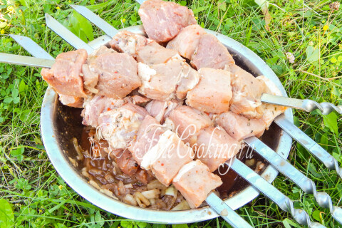 Кусочки свинины, нанизанные на шампуры без лука.