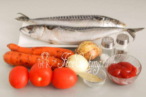 Продукты для тушеной скумбрии: скумбрия, морковь, репчатый лук, помидоры, кетчуп, лавровый лист, соль и черный перец.