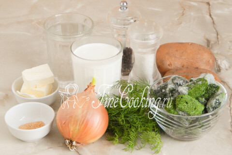 Продукты для супа-пюре со шпинатом: вода, сливки, картофель, лук, шпинат, укроп, чеснок, масло, соль и перец