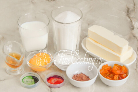 Продукты для крема Шарлотт: сливочное масло, сахар, молоко, желтки, какао и цукаты.