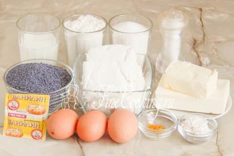 Продукты для пирога Нестерка: мука, творог, сливочное масло, яйца, мак, сахар и цедра лимона.