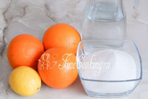 Продукты для варенья Завитки: апельсины, сахар, вода и лимонный сок