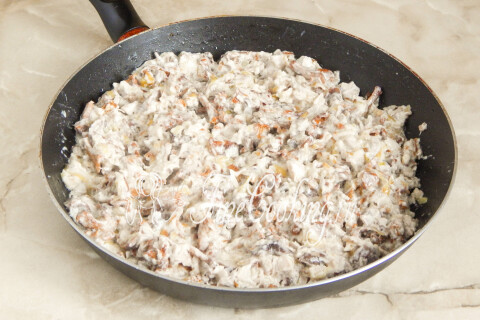 Готовая масса из курицы, грибов и лука со сметаной в сковороде